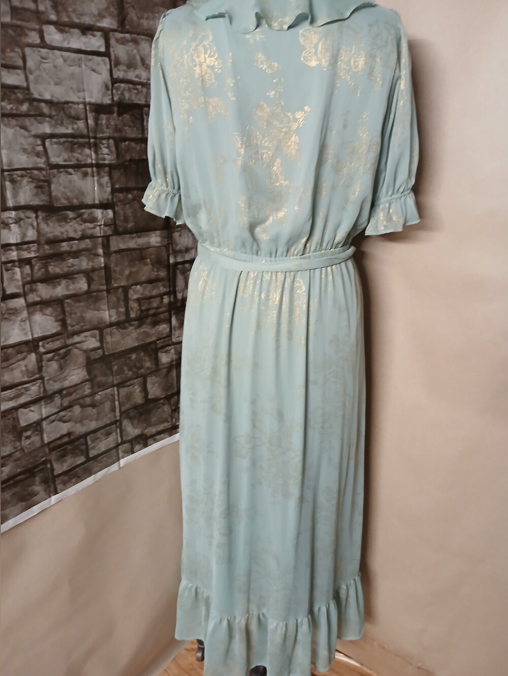 LC Lauren Conrad Sage Green Ruffle Wrap Midi Dress with Gold Accents - Picture 8 of 10